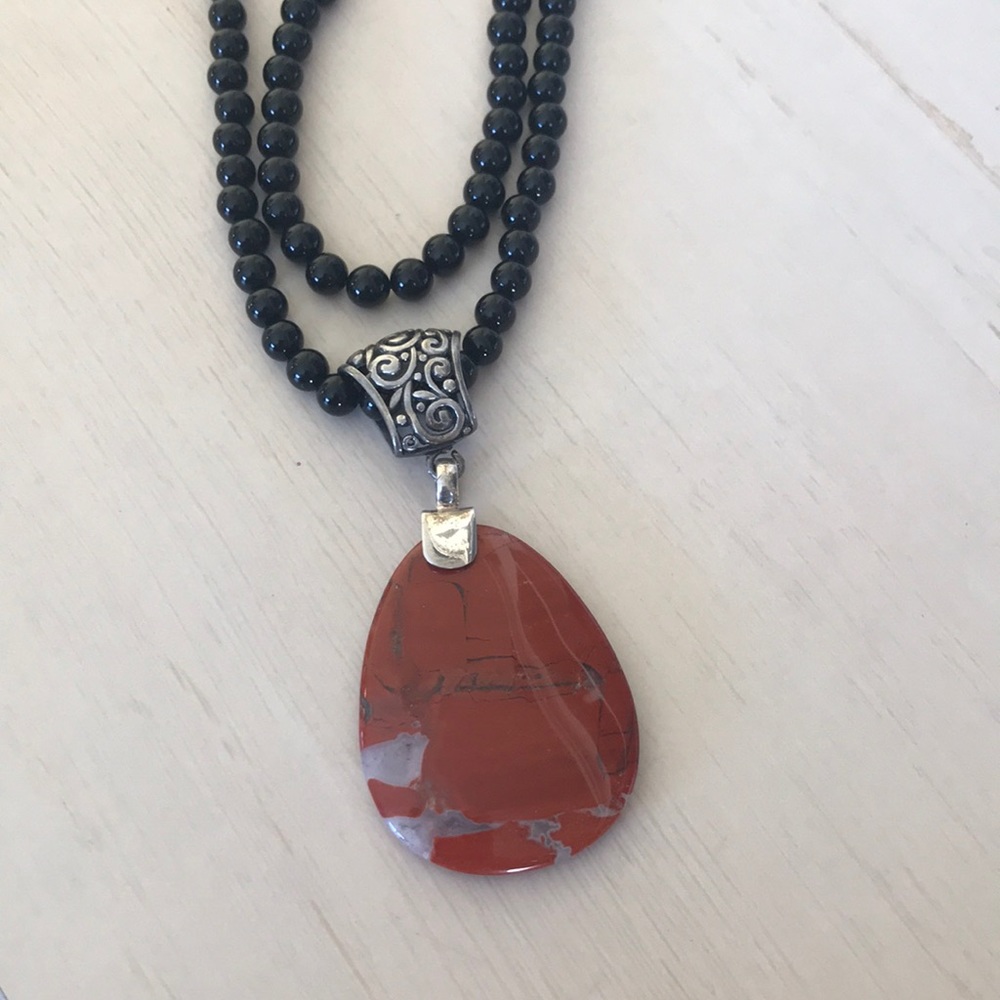 2 Str. Black Beads Necklace w/Red Jasper Pendant